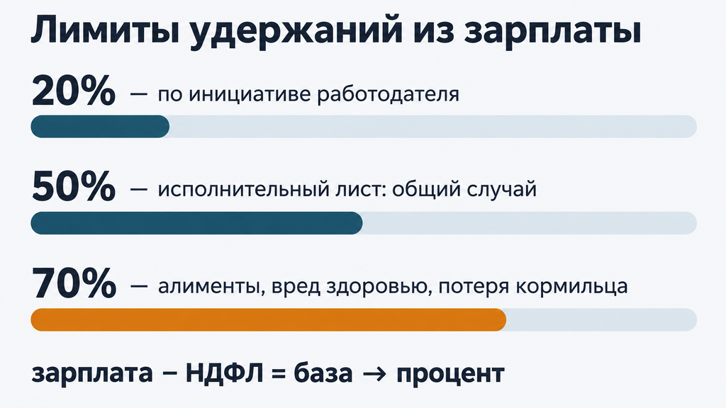 Шкала предельных процентов удержания из зарплаты в 2026 году с указанием лимитов 20, 50 и 70 процентов по различным основаниям