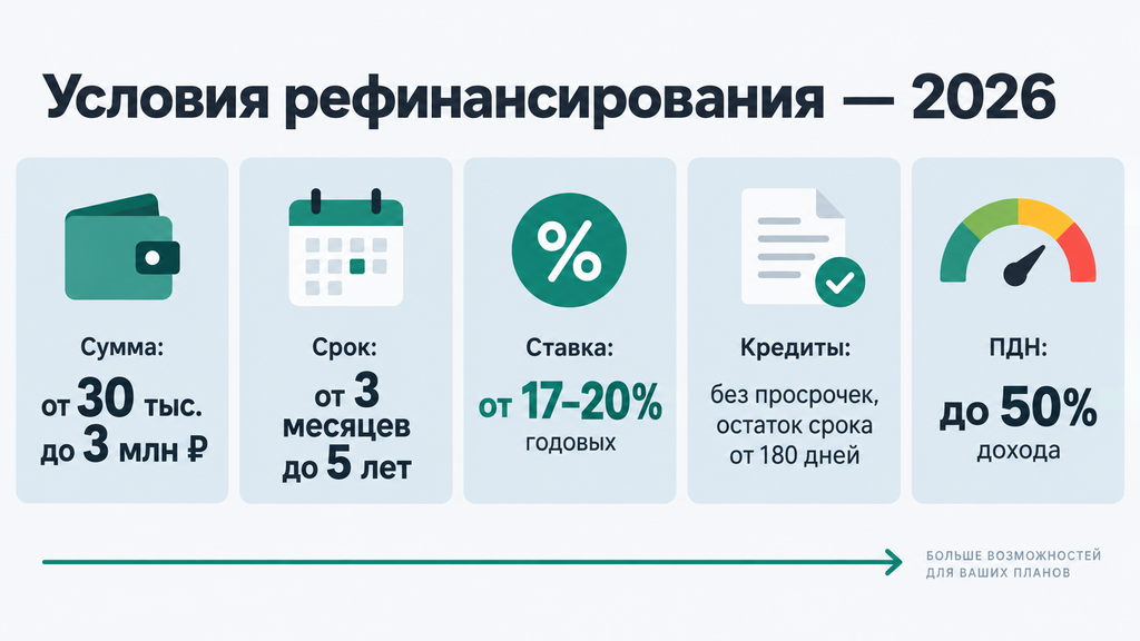 Ключевые условия рефинансирования Сбербанка 2026 года: инфографика с суммой, сроком, ставкой и требованиями к кредитам