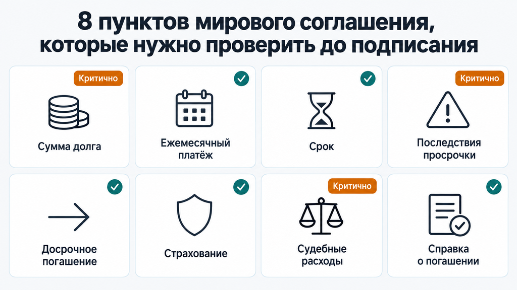 Чек-лист из 8 пунктов для самопроверки мирового соглашения перед подписанием, включая критически важные условия