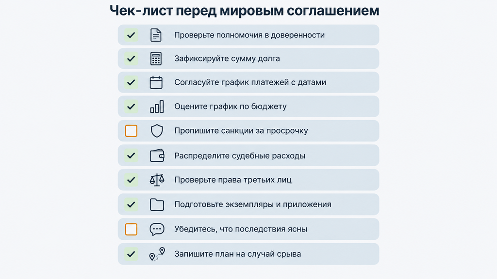 Чек-лист из десяти пунктов для подготовки мирового соглашения к подаче в арбитражный суд