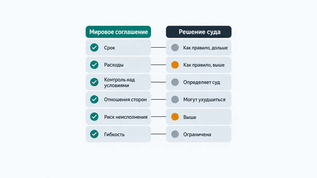Сравнение мирового соглашения и судебного решения по шести критериям: сроки, расходы, контроль условий, состояние отношений, риск неисполнения и гибкость. Информационная таблица с цветовой кодировкой сильных и слабых сторон.