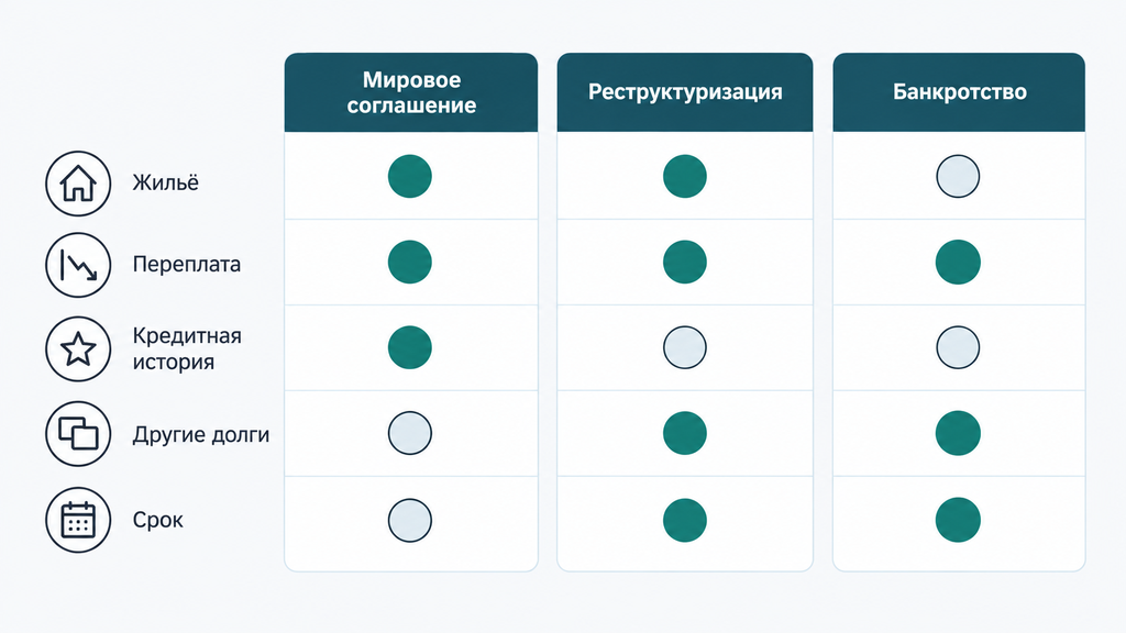 Сравнительная карточка выбора между мировым соглашением, реструктуризацией и банкротством по критериям сохранения жилья, переплаты, влияния на кредитную историю и сроков решения