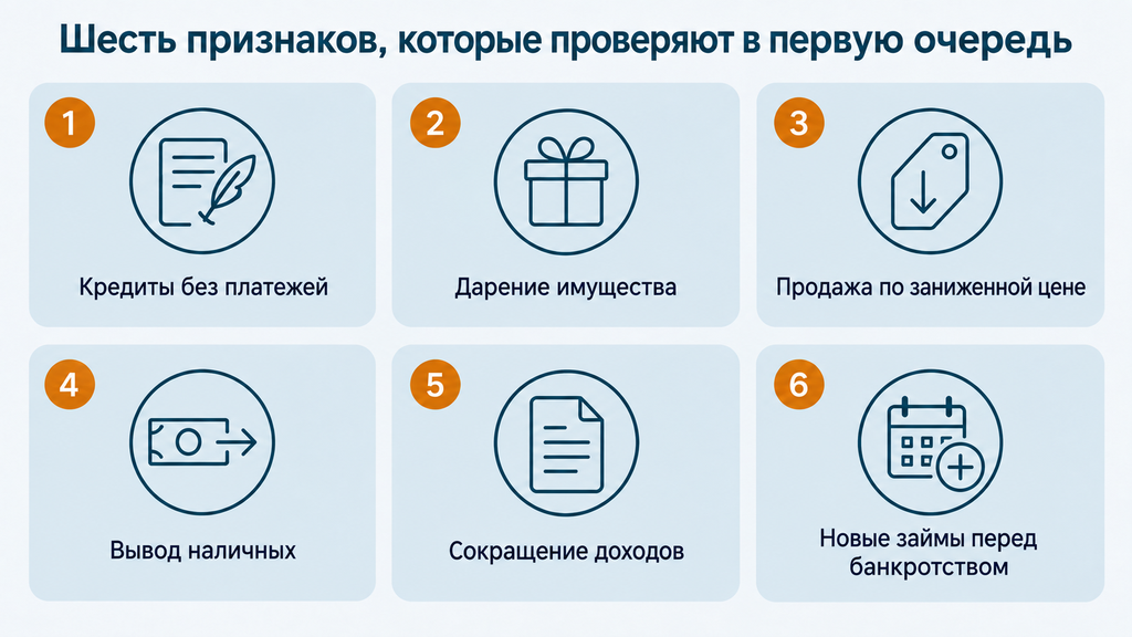 Карточки-признаки преднамеренного банкротства: шесть типовых действий, которые проверяет финансовый управляющий