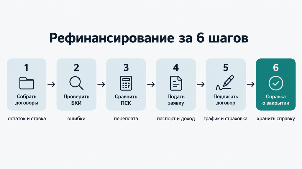 Схема рефинансирования: шесть шагов от заявки до справки о закрытии кредита с контрольными точками и проверкой документов