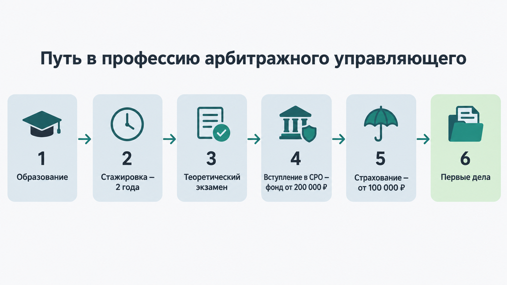 Инфографика шесть шагов на пути к получению статуса арбитражного управляющего