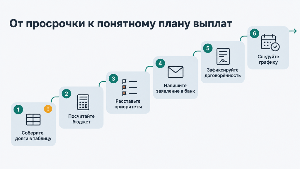 Визуальный алгоритм из шести шагов: от разрозненных долгов к понятному графику выплат. Пошаговая лестница с этапами сбора задолженностей, расчёта бюджета и фиксации договорённостей с банком.