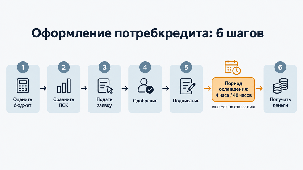 Инфографика оформления потребительского кредита из шести шагов с выделенным периодом охлаждения для отказа от договора без последствий