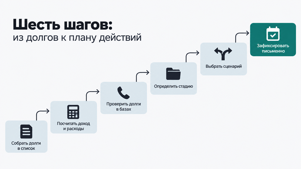 Пошаговая инфографика: шесть этапов перехода долгов из хаоса в чёткий план действий должника