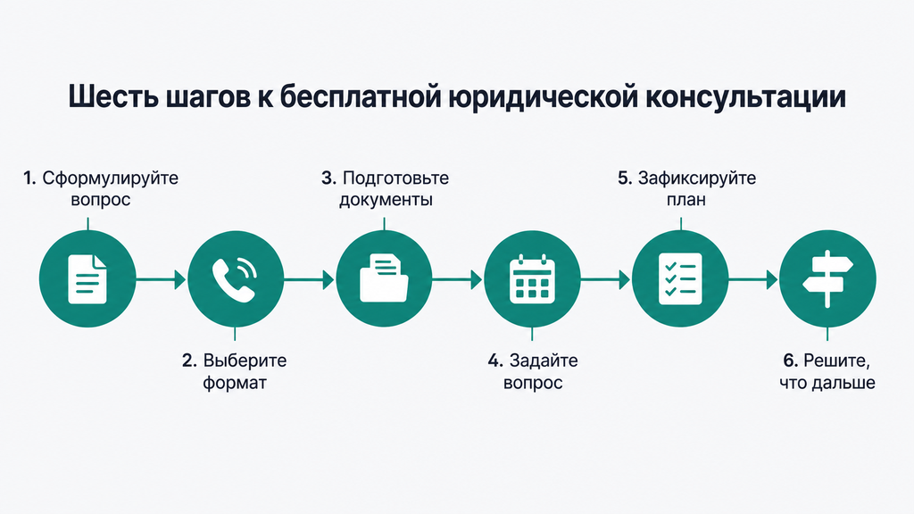 Пошаговый маршрут из шести этапов получения бесплатной юридической консультации с пиктограммами документов, телефона и чек-листа на бирюзовой линии