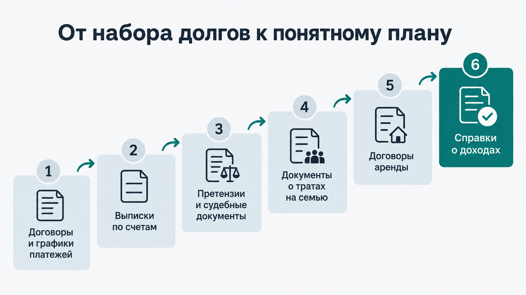 Шесть пронумерованных ступеней маршрута выхода из долгов с пиктограммами документов к каждому шагу и бирюзовым выделением финального решения