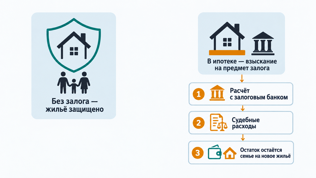 Инфографика сравнения сценариев единственного жилья при банкротстве: без залога и в ипотеке, нумерованная схема распределения средств от торгов