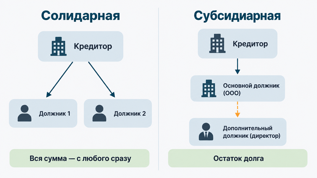Сравнительная инфографика солидарной и субсидиарной ответственности. Порядок предъявления требований кредитором: одновременный ко всем должникам или последовательный к основному и дополнительному.