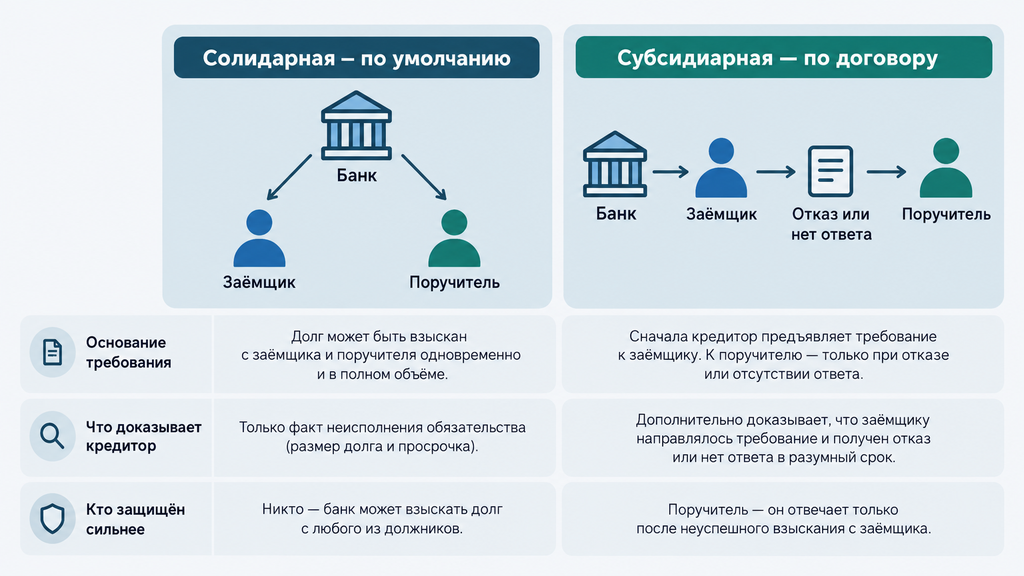 Сравнительная карточка солидарной и субсидиарной ответственности поручителя: два сценария обращения банка за долгом к заёмщику и гаранту