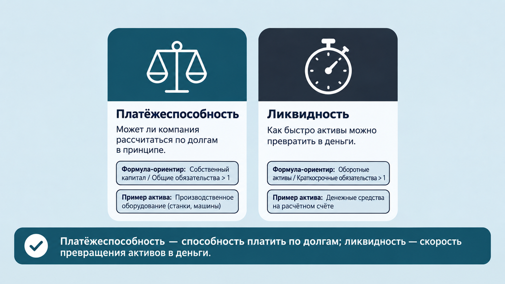 Инфографика сравнения платёжеспособности и ликвидности компании. Две карточки с определениями, формулами и примерами активов. Платёжеспособность — возможность рассчитаться по долгам, ликвидность — скорость их превращения в деньги.