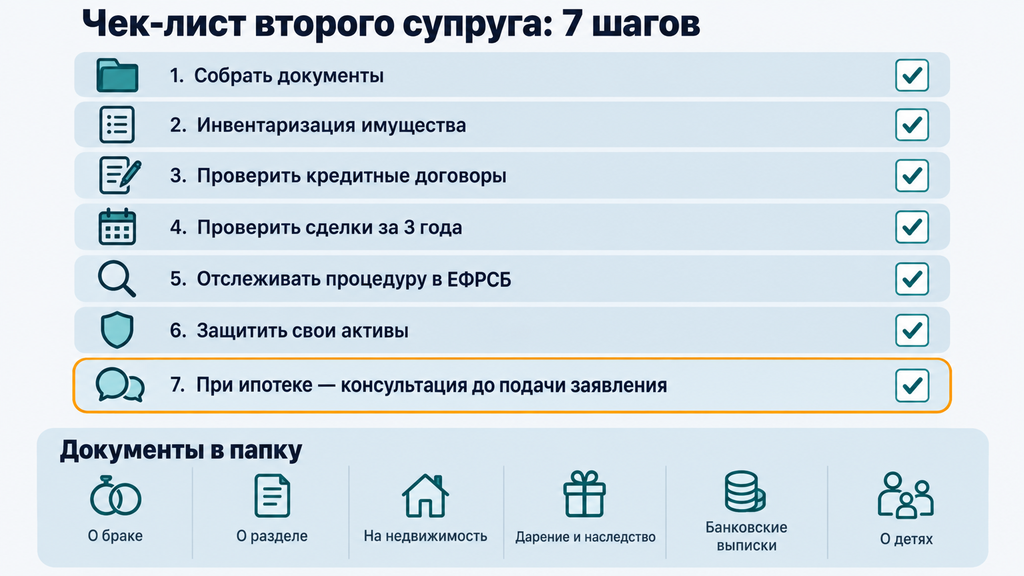 Вертикальный чек-лист из 7 шагов подготовки к процедуре банкротства мужа или жены с иконками документов и списком бумаг для сохранения имущества