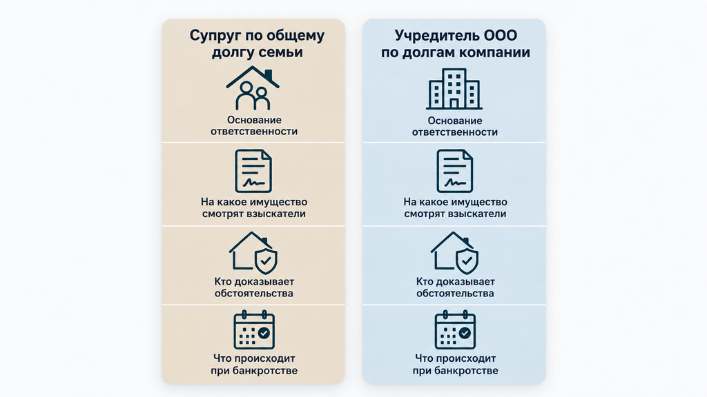 Сравнительная инфографика ответственности супруга по общим семейным долгам и учредителя ООО по долгам компании с разбором оснований взыскания, имущества, доказывания и последствий банкротства.
