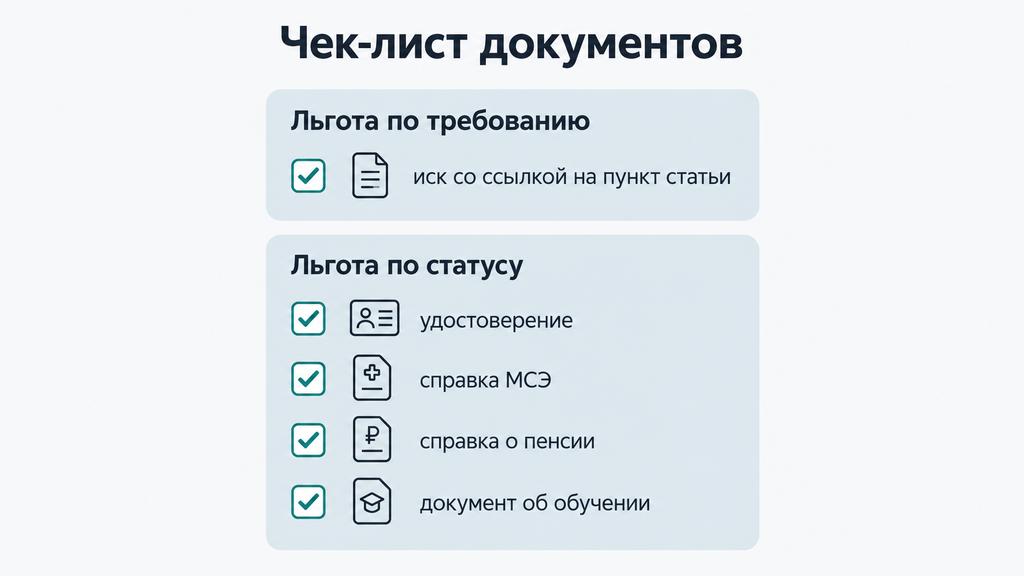 Чек-лист документов для подтверждения права на освобождение от уплаты государственной пошлины
