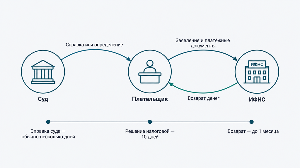 Схема возврата госпошлины: алгоритм движения документов между судом, плательщиком и налоговой инспекцией со сроками этапов