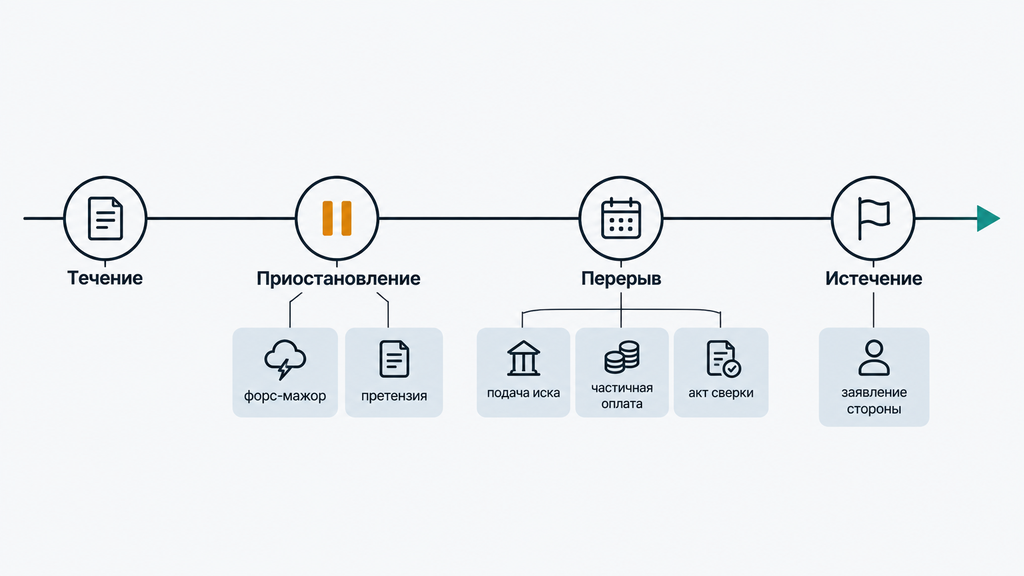 Схема жизненного цикла срока исковой давности: горизонтальная шкала с этапами течения, приостановления, перерыва и истечения с пояснениями правовых последствий каждого события