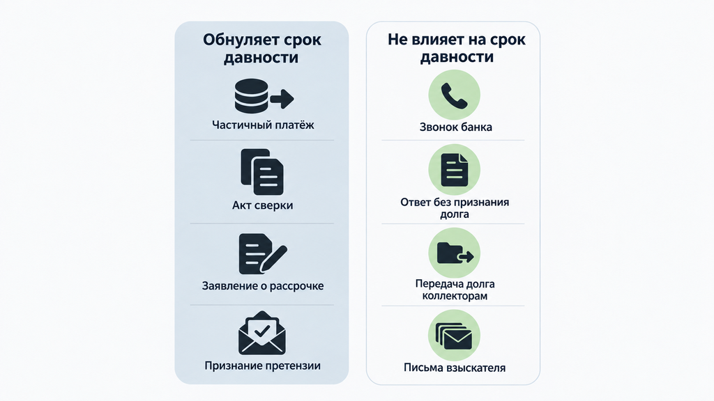 Сравнительная схема действий, обнуляющих срок исковой давности, и тех, что не влияют на него. Памятка по проверке документов перед подписанием или оплатой.