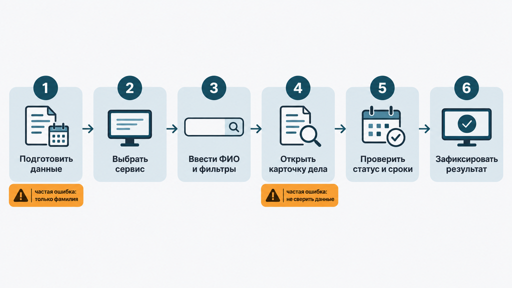 Пошаговый маршрут проверки судебных дел по ФИО с шестью этапами и типичными ошибками