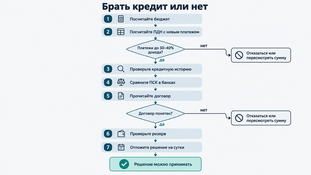 Пошаговый алгоритм принятия решения о кредите: проверка бюджета, оценка рисков и итоговая рекомендация получить или отказаться от займа