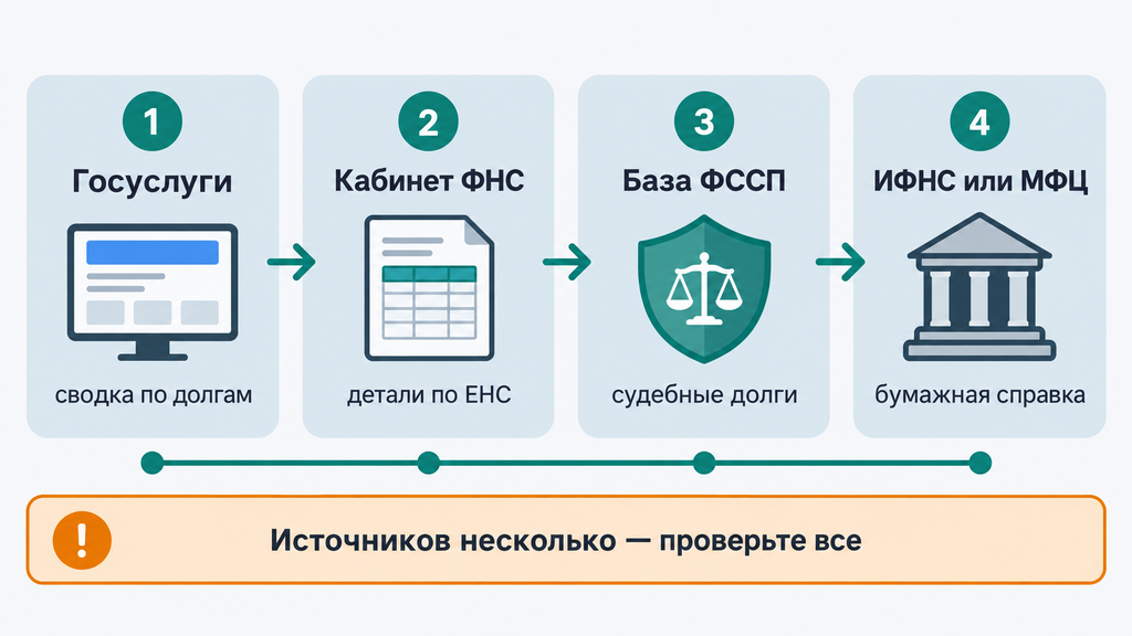 Схема пошагового маршрута самостоятельной проверки долгов физического лица в РФ через Госуслуги, ФНС, ФССП и МФЦ