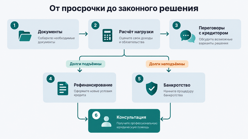 Пошаговая схема урегулирования долгов: шесть этапов от первой просрочки до законного решения с ветвями для подъёмных и неподъёмных задолженностей
