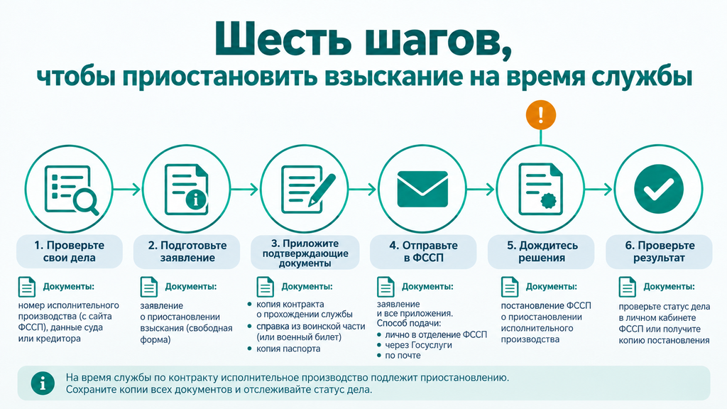 Пошаговая схема приостановления взыскания на время службы: шесть этапов от проверки в ФССП до контроля снятия арестов