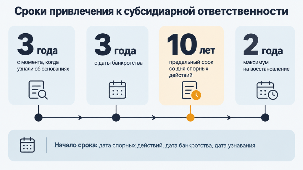 Горизонтальный таймлайн сроков субсидиарной ответственности: три года исковой давности, три года со дня банкротства, предельный десятилетний срок и два года на восстановление