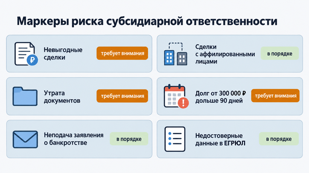Чек-лист маркеров риска субсидиарной ответственности с пунктами для самопроверки и статусами готовности