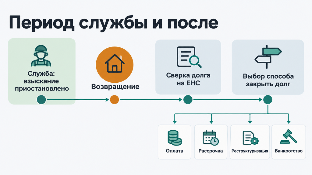 Временная шкала изменения правового статуса долга участника СВО: период службы, возвращение, сверка задолженности на ЕНС и варианты закрытия долга