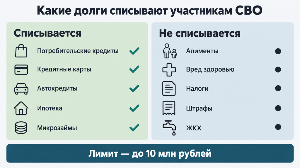 Сравнение долгов участников СВО: что списывается по кредитам и ипотеке до 10 млн рублей и что не подлежит списанию (алименты, налоги, ЖКХ)