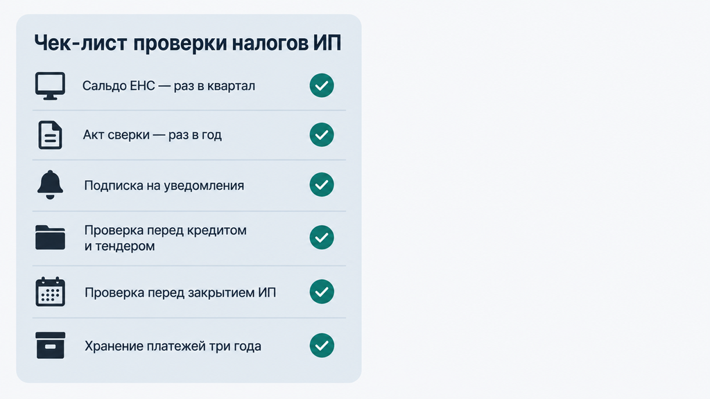 Чек-лист регулярных налоговых проверок для ИП на 2026 год с пунктами по балансу ЕНС и защите счёта от блокировки