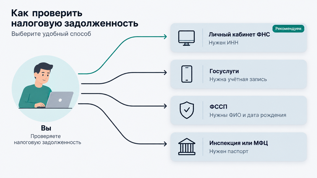 Карта способов проверки налогового долга через ФНС, Госуслуги, ФССП и МФЦ с указанием условий доступа к каждому каналу