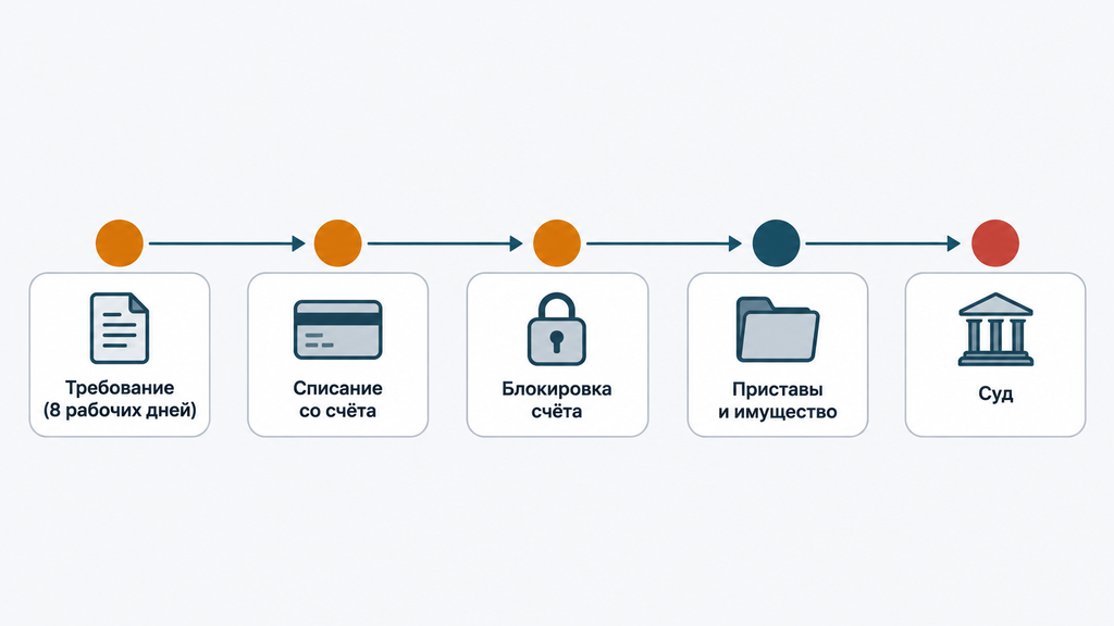 Процесс взыскания налоговой задолженности с юридического лица: схема этапов от требования до суда
