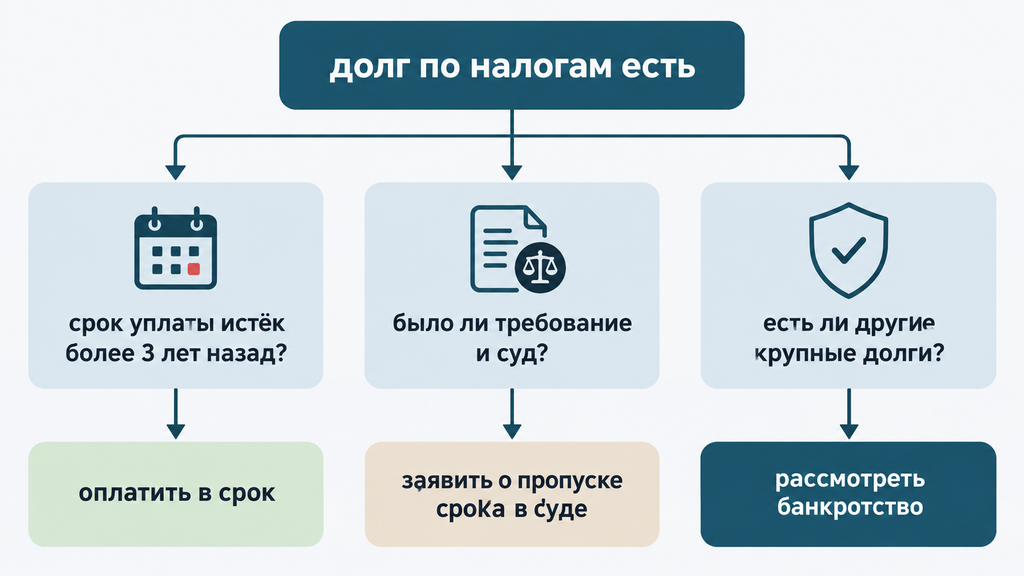 Схема выбора способа урегулирования налогового долга в зависимости от срока взыскания, истории требований и общей долговой нагрузки. Варианты: оплата, заявление о пропуске срока или банкротство.