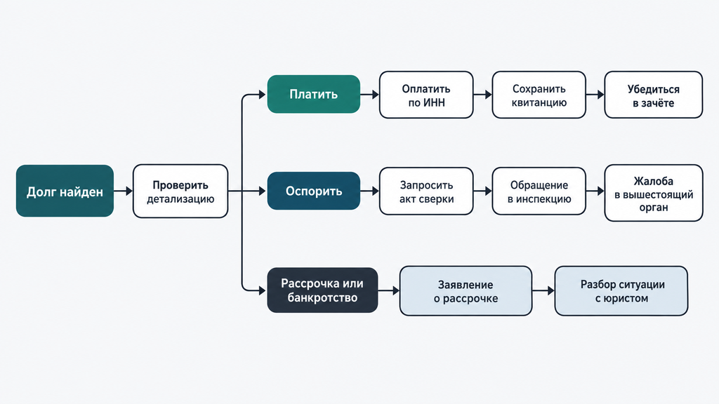 Схема маршрута решений при налоговом долге: оплата, оспаривание или изменение условий