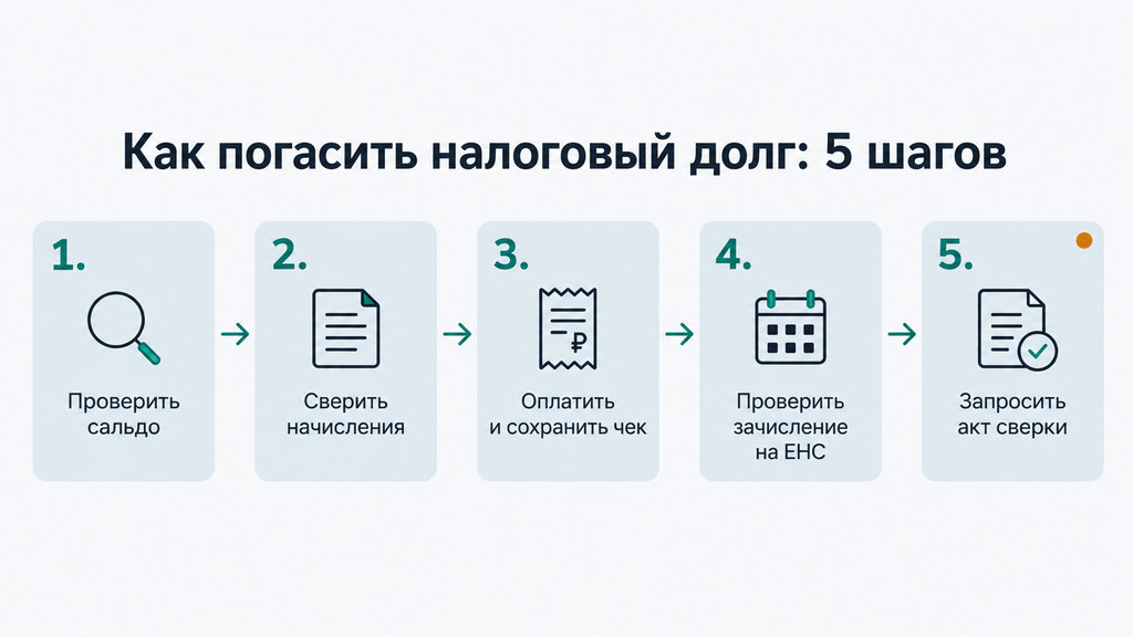 Схема из пяти шагов погашения налоговой задолженности: проверка сальдо, сверка начислений, оплата квитанцией, контроль поступления средств и запрос акта сверки при сохранении долга