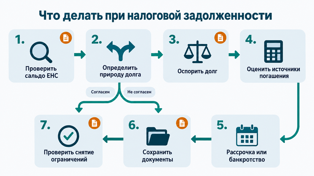 Пошаговый маршрут действий компании при налоговой задолженности: семь этапов от проверки к оплате или оспариванию