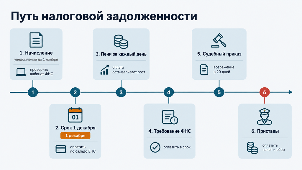 Схема этапов взыскания налоговой задолженности: начисление, сроки пеней, требования ФНС и судебное производство с указанием законных действий должника на каждом шаге