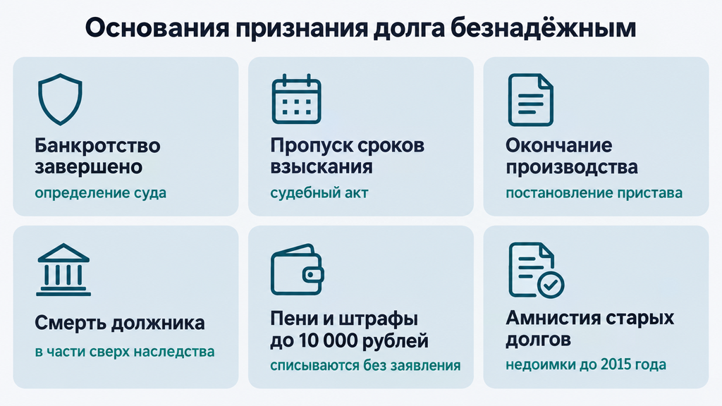 Карточки-справочник: шесть оснований признания налоговой задолженности безнадёжной с перечнем требуемых подтверждающих документов