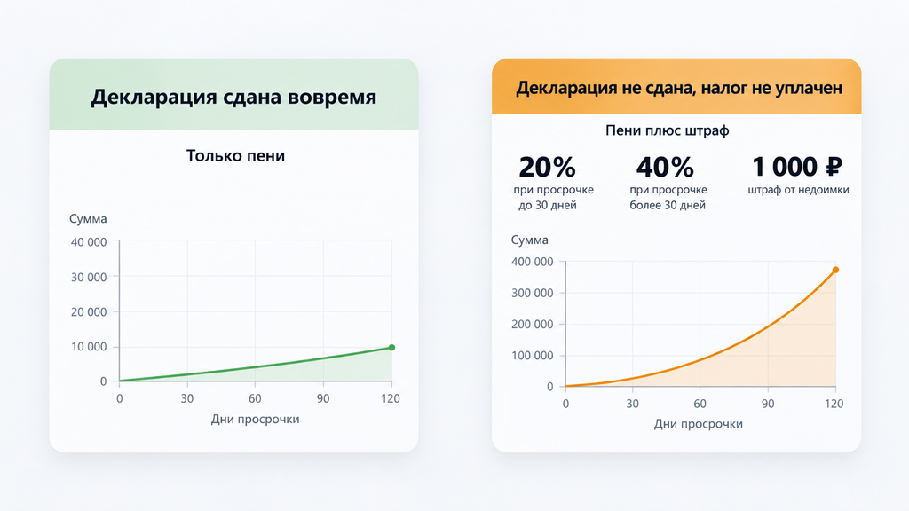 Инфографика: сравнение санкций за просрочку уплаты налога — пени при своевременной подаче декларации против штрафов до 40% и 1000 рублей при неподаче декларации. Шкалы роста сумм за дни просрочки.