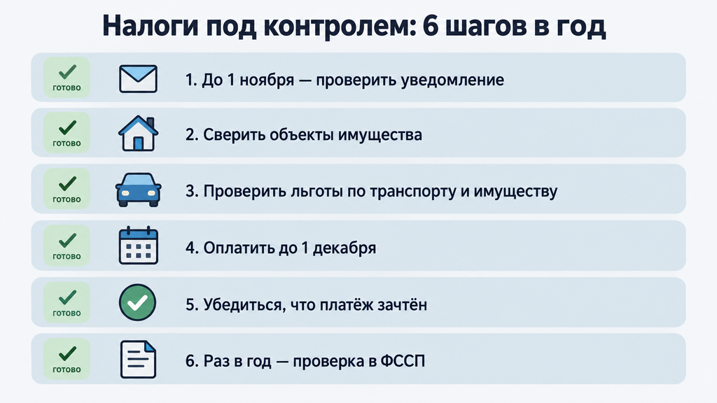 Чек-лист «Налоги под контролем» с шестью шагами ежегодной проверки от уведомления до подтверждения оплаты и статусами готовности