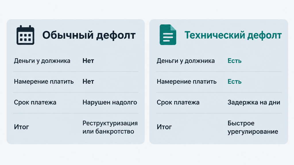 Сравнение технического и обычного дефолта: критерии наличия средств, намерения платить, срока нарушения и последствий для должника.