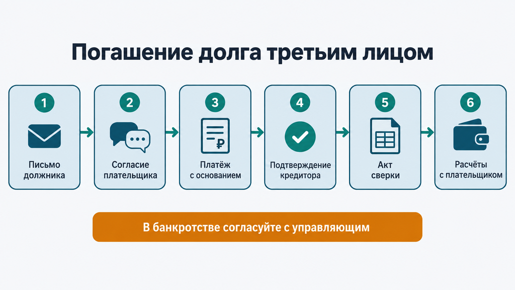 Горизонтальная схема погашения задолженности третьим лицом — пошаговая последовательность документов от поручения должника до акта сверки у кредитора