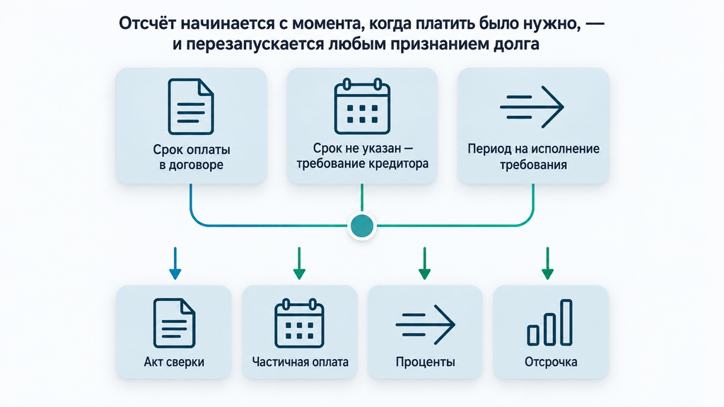 Схема трёх вариантов отсчёта срока давности и действий должника, которые его перезапускают