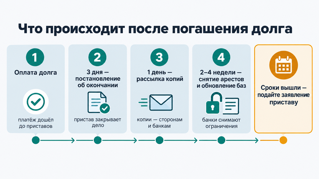 Горизонтальный таймлайн этапов после погашения долга: 3 дня на постановление, 1 день на рассылку и 2–4 недели на снятие арестов и обновление баз данных