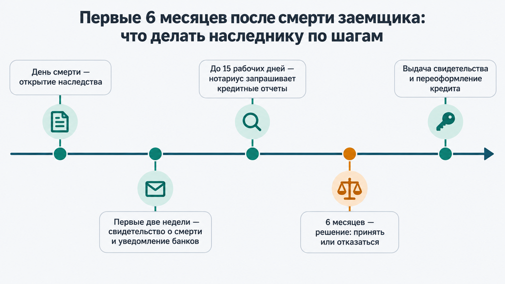Горизонтальный таймлайн действий наследника и ключевых сроков оформления наследства в течение 6 месяцев после смерти заемщика, включая уведомления нотариуса и получение свидетельства.