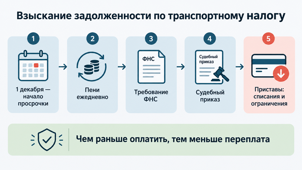 Таймлайн этапов взыскания задолженности по транспортному налогу: от начала просрочки и начисления пеней до требования ФНС, судебного приказа и действий приставов с акцентом на экономию при ранней оплате